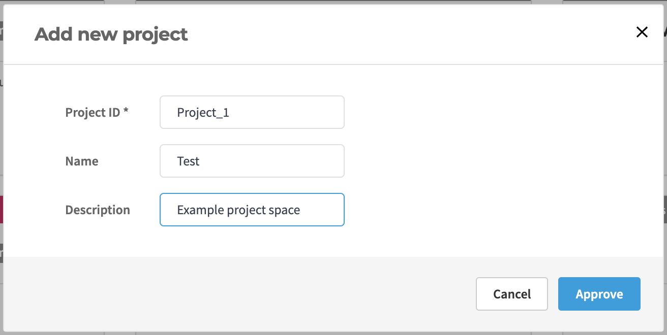 Add new project dialog window; project ID is Project_1, Name is Test, and Description is Example Project Space